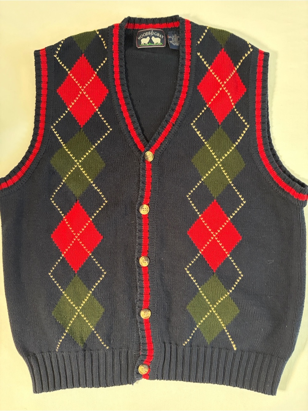 Woods & Gray Men's Navy Argyle V-Neck Knit Vest with Red & Olive Diamonds